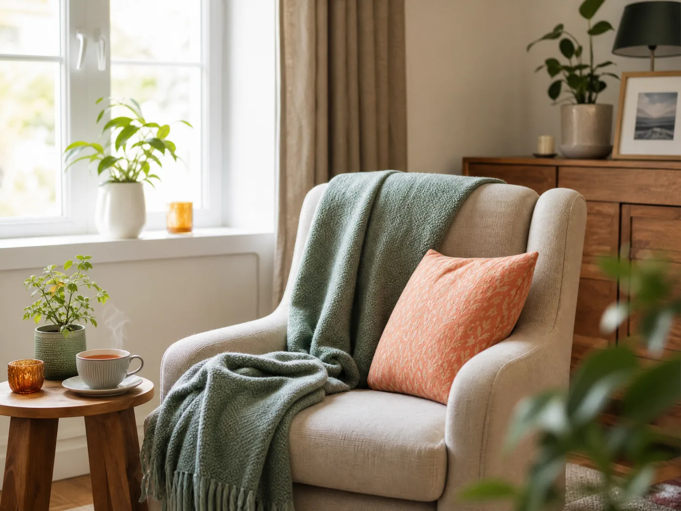 Warmes Schweizer Wohnzimmer mit Sessel am Fenster – ruhige Atmosphäre für Angehörige